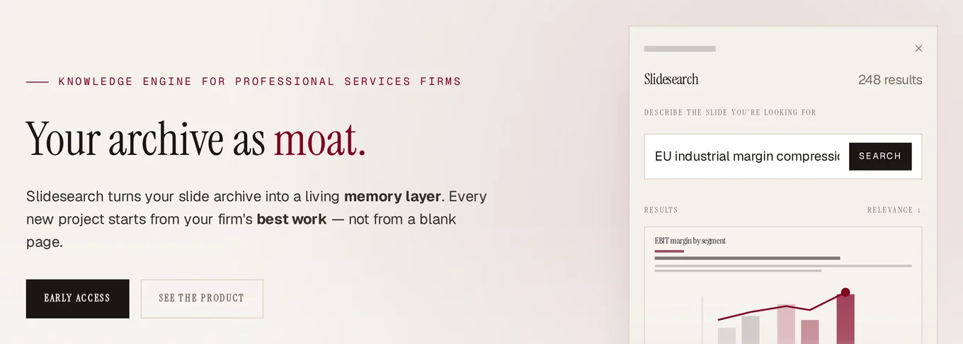 The slidesearch.io homepage: the headline “Your archive as moat.” beside a slide search returning 248 results